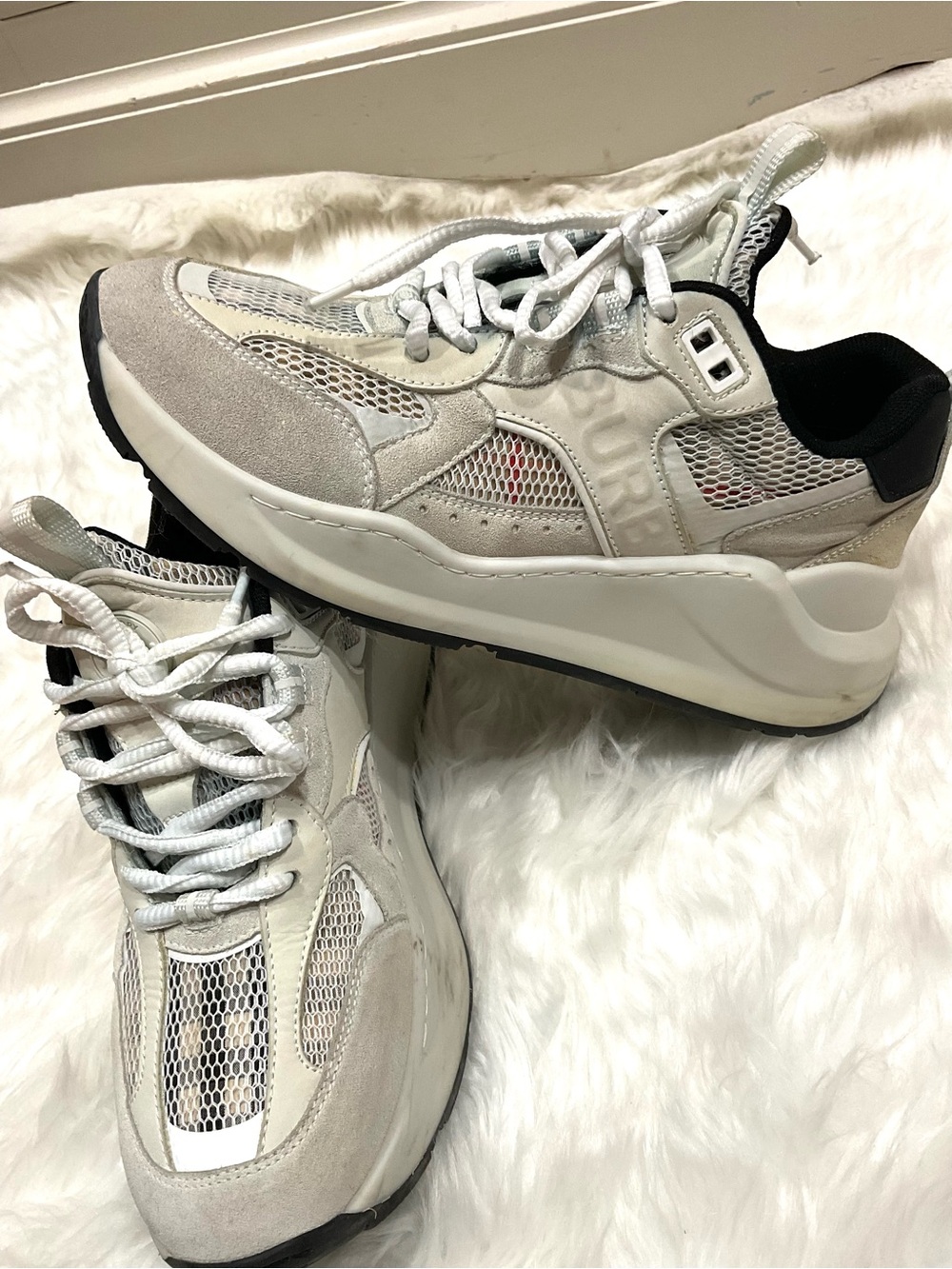 Women’s Burberry Logo Print Leather, Suede and Check Mesh Sneakers - Picture 8 of 13